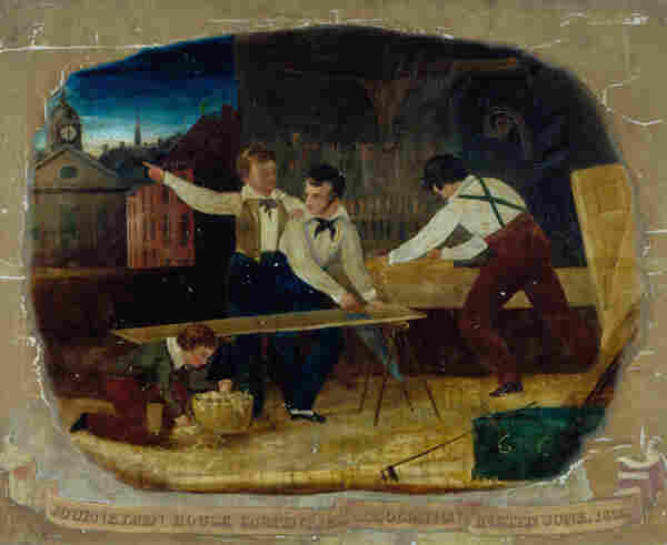 Carpenter's Association of Philadelphia banner promoting the ten-hour workday, 1835. Shows three men, and a boy, working on sheets of wood. By Van Schoick, J. A.; Journeymen House Carpenters&#039; Association of Philadelphia - https://www.lib.umd.edu/unions/labor/eight-hour-dayhttp://hdl.handle.net/1903.1/2986, Public Domain, https://commons.wikimedia.org/w/index.php?curid=73125143