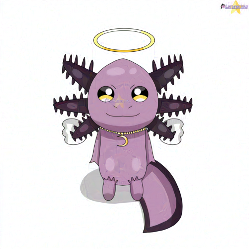 A drawing of a purple axolotl with yellow angel halo and white wings, wearing a golden necklace with crescent, sitting. White background.