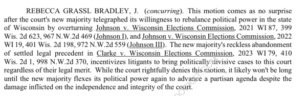Justice Bradley whining, without a hint of irony, that the new majority is encouraging people to bring cases to the Court that ignore settled law. 