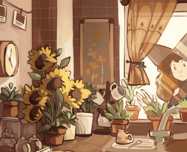 Illustration of a kitchen. There are some sunflowers and all the illustration has brown color vibes. 

When can see a witch outside at the Windows which is looking inside with a hand on the window. 

What is she looking?