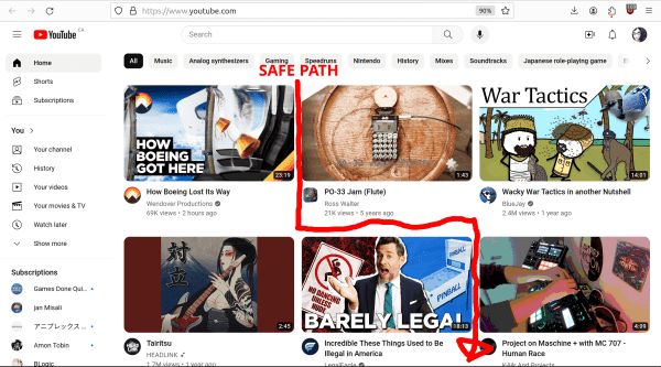 YouTube front page screenshot with a red line, marked "Safe Path", drawn in the edges between the grid 