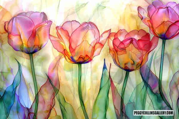 Colorful artwork of four tulips in a garden, by artist Peggy Collins.