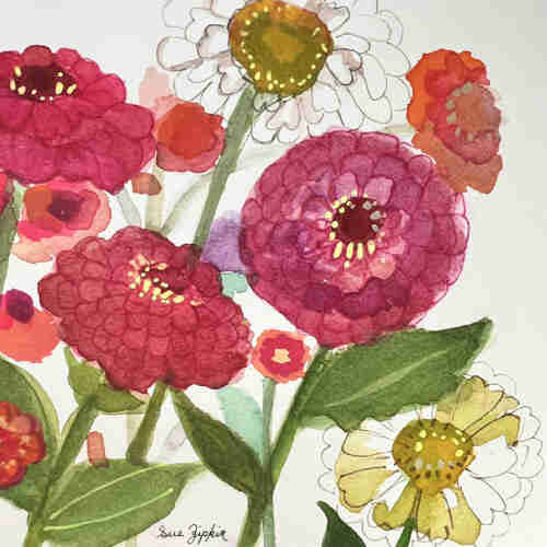 This is a close-up of loosely painted zinnias. There are three big pink flowers, a variety of smaller abstract shapes flowers, and many green leaves. There is some line work on the watercolors and a white background.