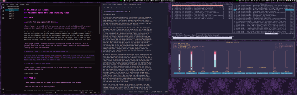 A Linux workspace, with markdown editor Ghostwriter on one monitor next to a .txt document opened in text editor Nano. The second monitor has music player MOCP with Fields Of The Nephilim, New Order, and She Wants Revenge records clearly visible.