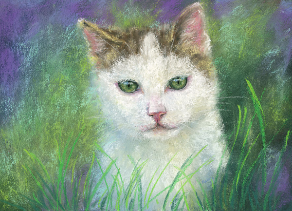 Curious Cat in the Green Meadow is a pastel painting in landscape format painted by the artist Karen Kaspar. A cute little cat is sitting in a meadow, looking out attentively and curiously between the green blades of grass. The kitten has a white coat, the ears and the upper part of the head are brown mackerel. The green eyes reflect the lush green of the grasses. Is she watching butterflies or is she waiting for a nice person to share a few cuddles with her?