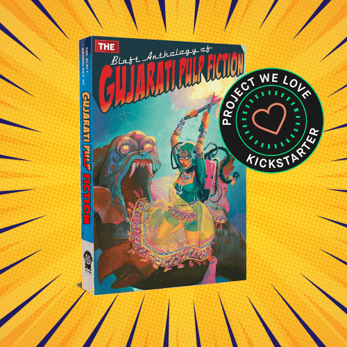 Gujarati Pulp Fiction front cover with Kickstarter "Project We Love" badge