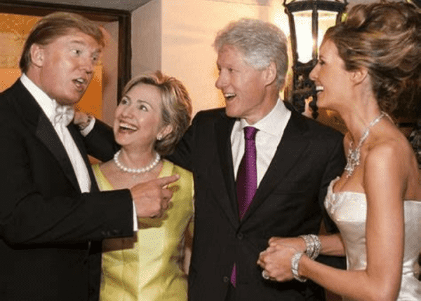 A pic of (left to right) Donald Trump, Hillary Clinton, Bill Clinton and Melania Trump dressed to the nines, arms around each other, smiling and hobnobbing at some gala or celebration.