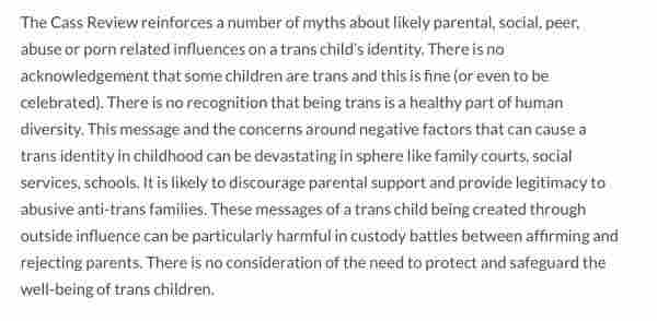 The Cass Review reinforces a number of myths about likely parental, social, peer, abuse or porn related influences on a trans child’s identity. There is no acknowledgement that some children are trans and this is fine (or even to be celebrated). There is no recognition that being trans is a healthy part of human diversity. This message and the concerns around negative factors that can cause a trans identity in childhood can be devastating in sphere like family courts, social services, schools. It is likely to discourage parental support and provide legitimacy to abusive anti-trans families. These messages of a trans child being created through outside influence can be particularly harmful in custody battles between affirming and rejecting parents. There is no consideration of the need to protect and safeguard the well-being of trans children.