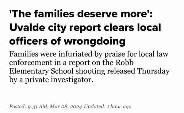 Headline 'The families deserve more': Uvalde city report clears local officers of wrongdoing
Families were infuriated by praise for local law enforcement in a report on the Robb Elementary School shooting released Thursday by a private investigator.


ACAB