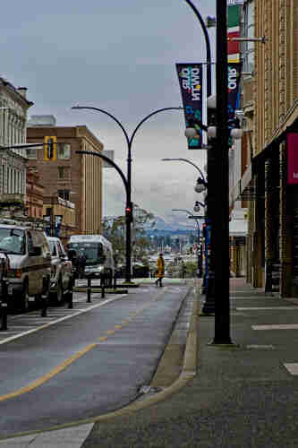 A view down a separated bike lane lined with parked cars. A pedestrian crosses the street down the block towards a car-free pedestrian zone on Victoria BC’s Government Street. Snow capped mountains are visible in the far background. The sky is very overcast.