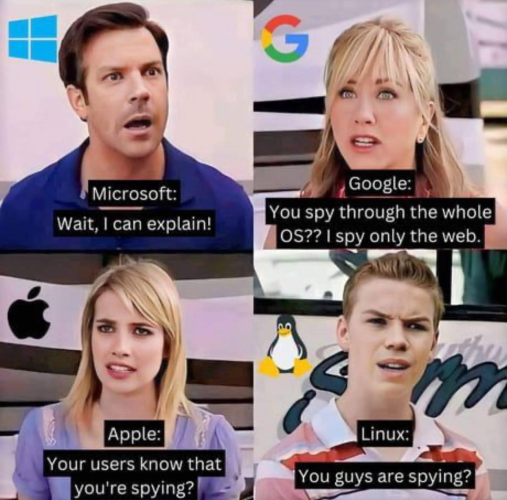 MICROSOFT, as Jason Sudeikis: Wait, I can explain!

GOOGLE, as Jennifer Aniston: You spy through the whole OS?? I spy only the web.

APPLE, as Emma Roberts: Your users know that you're spying?

LINUX, as Will Poulter: You guys are spying?