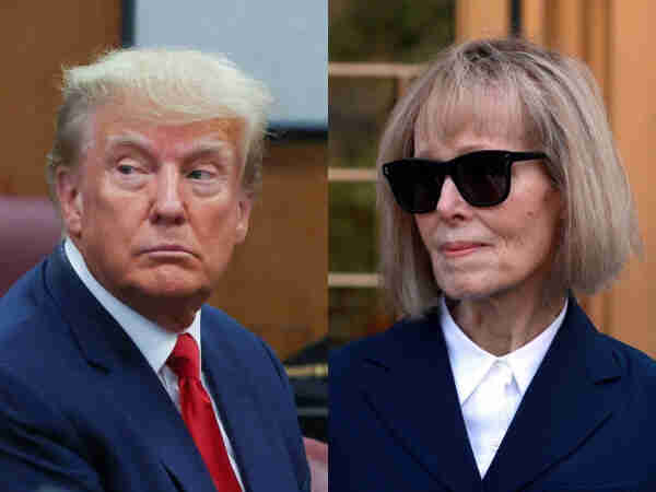 Image of Donald Trump and E Jean Carroll right before Trump was forced to pay Ms Carroll for defamation and right after Trump was forced to pay Ms Carroll for defamation