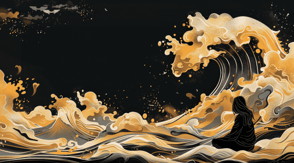 An artistic scene with a person sitting in the foreground, facing away from the viewer, looking out at a large, stylized wave. The wave and the surroundings are rendered in a striking palette of black, gold, and grey, with the wave's curling forms and splashing droplets creating a dynamic sense of movement. The background is dark, setting off the vivid golds and providing contrast that gives the impression of a night scene, possibly referencing traditional Japanese woodblock print styles. The person's silhouette is detailed enough to show they are sitting cross-legged, which combined with the powerful wave motif, could evoke themes of contemplation, nature's majesty, or the contrast between human stillness and nature's motion.