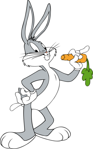 Bugs Bunny looking happily confident, holding a carrot.
