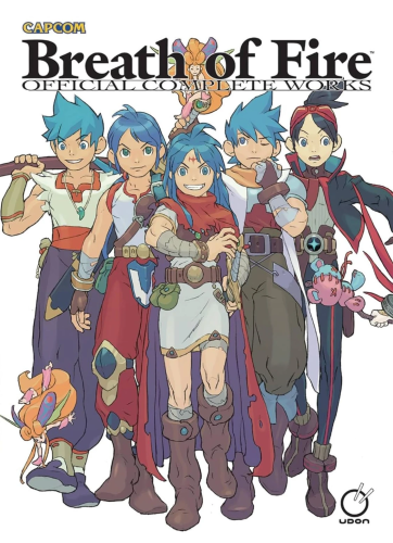 The cover features 5 versions of Ryu, the main protagonist in a dynamic pose, suggesting they are ready for adventure or action. Each version has unique attire and hairstyles, but alwways with blue hair. Their clothing is inspired by classic fantasy or RPG (Role-Playing Game) elements, with capes, belts, boots, and other accessories that are typical in such games.

One version prominently holds a staff, while another has a bright smile and confident pose, the character to the right seems more serious and contemplative, and the one in the back has a protective stance. 

The title "Breath of Fire" is displayed at the top in a stylized font that fits the fantasy setting of the games. Below the main title, "OFFICIAL COMPLETE WORKS" suggests that this publication is an authoritative source of information and artwork on the series.

At the bottom right corner, there is a logo reading "UDON," which is the name of the company that published this art book. 