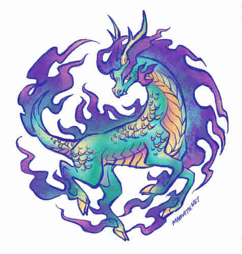 A digital drawing of teal and purple galloping kirin/qilin. Its mane, tail and fetlocks trail in flame-like shapes.