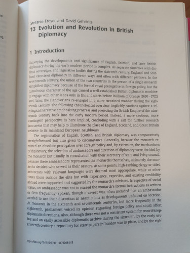 First page of the early modern diplomacy handbook chapter "13 Evolution and Revolution in British Diplomacy" by Stefanie Freyer and David Gehring