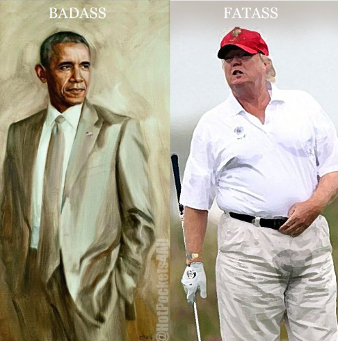 Two paintings side by side. The first is of Obama in a nice tan suit, and the second is of Trump in his unglamorous daily golf outfit.