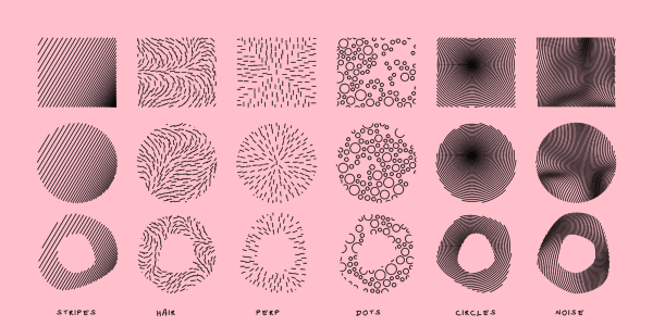 Six different patterns I created to fill shapes in OPENRNDR: "stripes" (parallel lines with an exponent to bias them towards one side), "hair" (noise based), "perp" (short lines pointing towards the contour of the shape), dots (circle packing), "circles" (concentric), "noise" (curved noise lines).