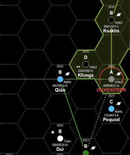 Traveller Subsector Map

Foreven Sector

Planets around Qián.

2820 Qián 
B672851-A He Ph Pi { 2 } (E78+1) [4A46] - - - 321 10 NaHu M3 V BD

An independent human system on the edge of a Vargr Exclave. Two parsecs from the Vargr capital of Okhokferr.