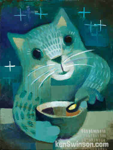 folk art abstract style painting by kentucky artist ken swinson. the painting depicts a smiling cat eating cereal (with a spoon--cause he's classy)