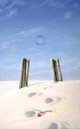 Set against a baby blue sky, a single flame contained within a transparent sphere floats off between two broken, inward-tilting columns.  In the recessed channel of one stone, a rusted chain dangles down to white sand. Links of the broken chain lie mostly buried at the base of the other column. In the immediate foreground, a red glass heart tied on a ribbon lies discarded among deeply shadowed footprints dimpling the sand as they approach the columns.
