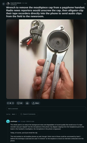 Screenshot from reddit post of the wrench (silver, with circular center just larger than the mouthpiece, lined with thick rubber to avoid handset damage). Wrench is being help in someone's right hand on a table surface. Alongside is a coil of grey cable with alligator clips.