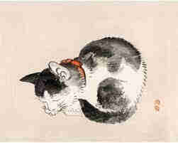 Vintage Japanese painting of a sleeping black and white cat to a beige background. 