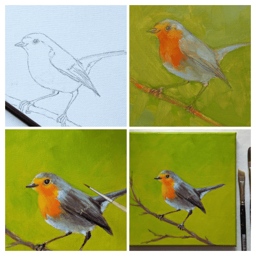 A collage made out of four work in progress stages of my acrylic painting, from pencil sketch to finished painting. Robin in the green is an acrylic painting in contemporary square format hand-painted by the artist Karen Kaspar. A European Robin sits on a branch and looks to the left. The background is abstractly painted in different shades of light green. The orange-red breast feathers of the songbird stand out against the green.
The robin is a welcome visitor to my garden and always inspires me to create new paintings.