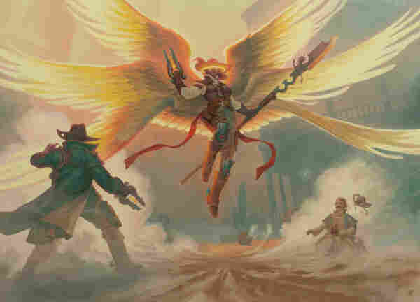 An angel in cowboy like attire. 6 wings outstretched behind her with a halo covering her eyes. Two cowboys stand in the middle of a dusty street as one is holding their torso after being shot. He looks up in hope towards the angel.