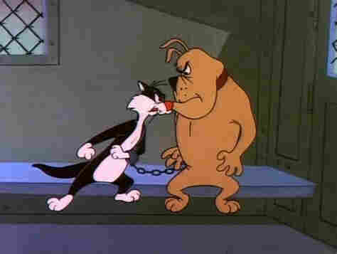 Sylvester the cartoon cat, with fists clenched, challenging a huge bulldog to fight 