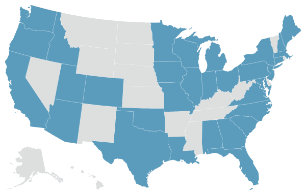 Map of the 50 states. The 18 unshaded states (Alaska, Hawaii, Nevada, New Mexico, Kansas, Nebraska, North Dakota, South Dakota, Montana, Wyoming, Arkansas, Mississippi, Tennessee, Kentucky, West Virginia, Delaware, Rhode Island, Vermont) are states where we are actively trying to reach mental health professionals.