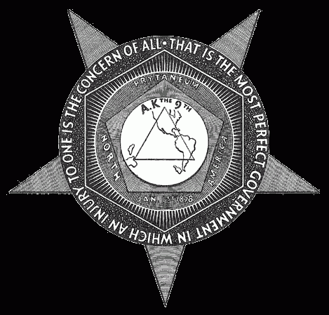 Seal of the Knights of Labor: a 5-pointed star with a circle superimposed on top of it, with the words of solidarity: “That is the most perfect government in which an injury to one is the concern of all.”