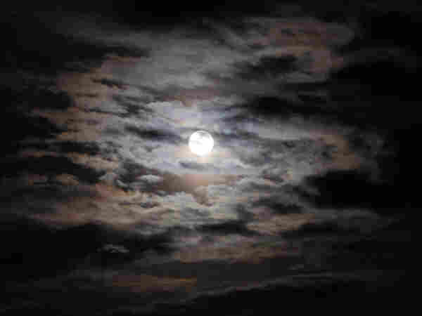 A mystical full moon reigns over the nocturnal canvas, its ethereal light piercing through a dance of restless clouds, casting a symphony of silver over an obsidian sky, evoking a sense of serene omniscience in the quietude of the night.
