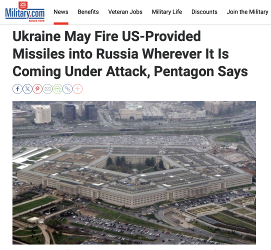 Military dot com headline Ukraine May Fire US-Provided Missiles into Russia Wherever It Is Coming Under Attack, Pentagon Says

OH NO! If Russia gets mad about this they might invade!!
