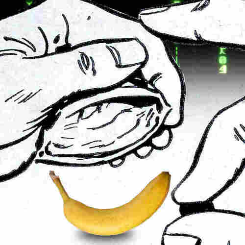  comic-book panel illustrating the final stage of the shell game, in which the con artist lifts the shell to reveal nothing beneath it. I have inserted a banana, making it appear as though that was what was hidden under the shell. The background of the panel has been altered to insert the 'code waterfall' effect from the Wachowskis' Matrix movies. The code waterfall fades out halfway down the image.