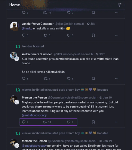 Mastodon home feed with replies, boost and like counters.