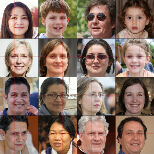 Grid of 16 (4x4) GAN (generative adversarial network) generated faces, each overlaid with a red grid demonstrating that the eyes are in the same location in each frame.

These "people" do not exist.