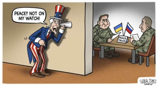 uncle Sam ease dropping on Ukraine and Russia negotiations and saying: "Peace! Not on my watch"