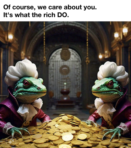 Two lizards in powdered wigs with a pile of money