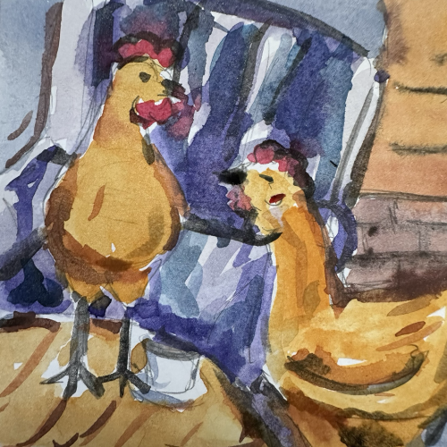 Two orange chickens share a purple armchair and meet over coffee. 