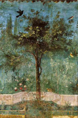 Detail from the fresco showing an oak tree with an array of different birds nearby, in the background there are red and pink flowers blooming, and in the foreground a low fence.