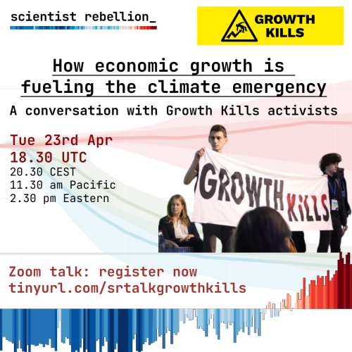 Advert for talk: details in post. Picture shows activists holding a banner which says "Growth Kills" in black and red lettering.