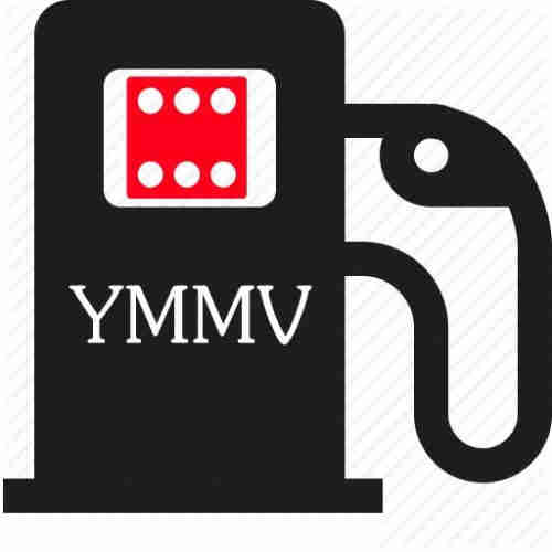 A stylized black, white, and red icon of a gasoline pump with a red six-sided die face in the window (showing six, of course) and the letters “YMMV” on the body of the pump.