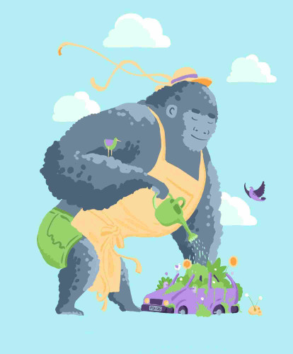 Illustration of a giant gorilla with a straw hat and an apron watering a bunch of flowers growing in a car wreck. The licence plate says: FCK CRS.
