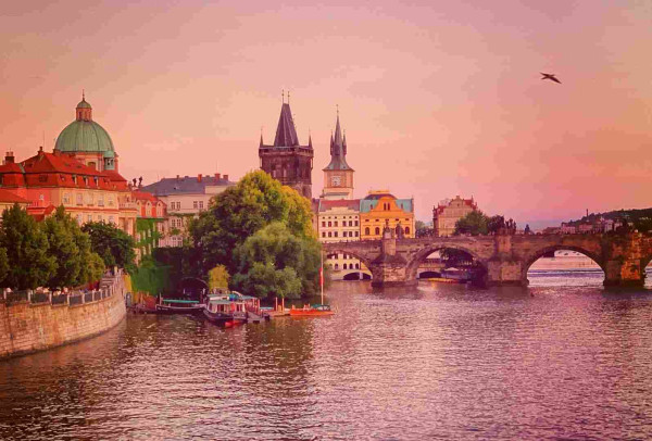 A scenic view of the Charles Bridge over the Vltava River at sunset with historic buildings in the background and a bird in the sky in Prague, Czech Republic.