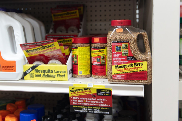 Shelf at hardware store with red-and-yellow packages and containers of mosquito-killing bacteria.