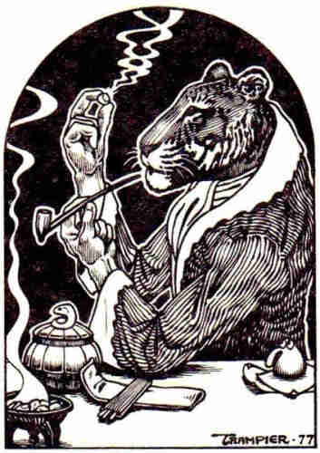An anthropomorphic tiger wearing a smoking jacket while smoking a pipe.