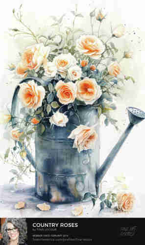 This is an image of a watering can filled with white and orange rose flowers.