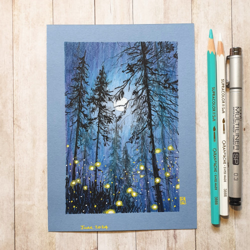 A landscape drawing of a forest at night in blues with yellow glowing fireflies. 